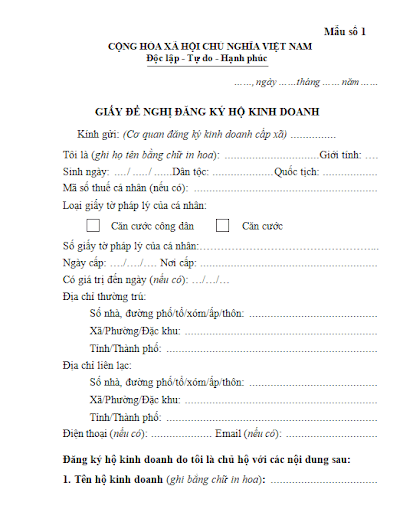Đơn đề nghị đăng ký hộ kinh doanh